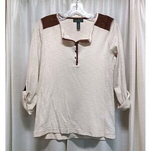 Lauren Jeans Co LRL Women's Size M Ivory Brown‎ Henley Roll Tab Faux Leather Top